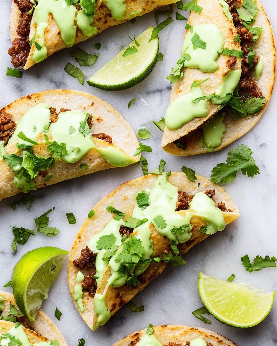 The image shows several small tacos arranged on a white marbled surface. Each taco has one layer of soft, light beige tortillas folded over a dark brown cooked filling that slightly spills out around the edges. Bright green sauce is drizzled unevenly on top of the tortillas, creating a smooth and creamy texture. Fresh green cilantro leaves are scattered on the tacos and on the surface around them. Lime wedges with bright green skin and pale green flesh are placed near the tacos, adding a fresh look. The lighting is bright and natural, highlighting the colors and textures. Photo taken with an iphone --ar 4:5 --v 7