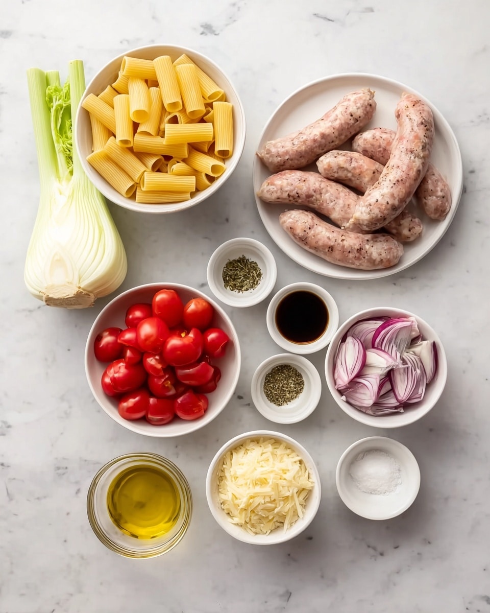 The image shows various ingredients arranged neatly on a white marbled surface. At the top center, there is a small white bowl filled with dry rigatoni pasta, which is yellow and tube-shaped. To the right, there is a white plate holding five raw sausages that are light pink with specks of seasoning. On the top left, a whole fennel bulb with green stalks is placed. Below the fennel, a white bowl filled with halved cherry tomatoes is seen, showing bright red color. To the right of the tomatoes, there are two small white bowls containing green dried herbs and salt with ground black pepper. Below these, a small white bowl holds a dark liquid, likely balsamic vinegar. Adjacent to this bowl, a white bowl contains sliced red onions with white and purple colors. At the bottom left, a small glass bowl has golden olive oil. Finally, at the bottom center, another white bowl holds finely grated pale yellow cheese. All items are spaced evenly, showcasing a clean and organized look. photo taken with an iphone --ar 4:5 --v 7