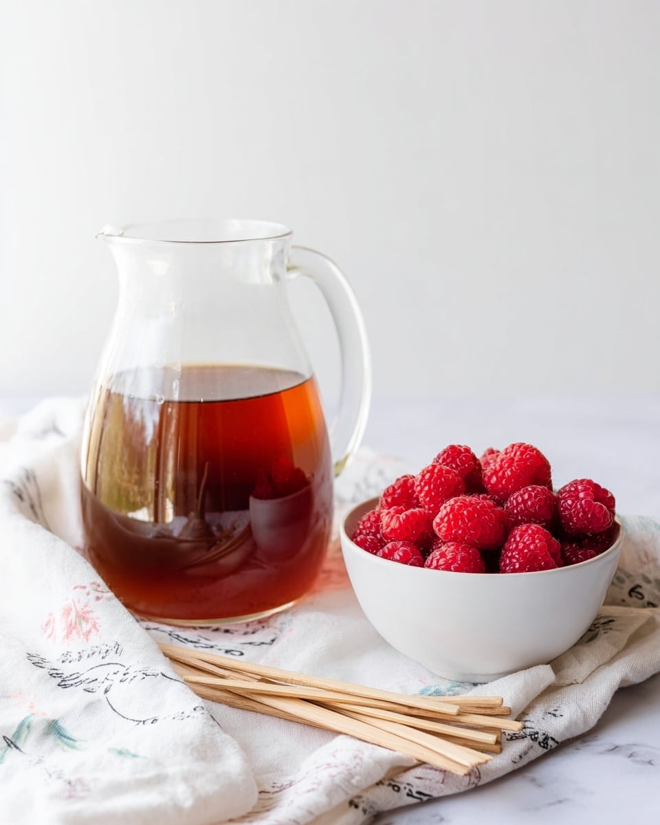 A clear glass pitcher filled with dark amber liquid sits on a white marbled surface draped with a light cloth that has faint black text and soft pastel-colored designs. To the right of the pitcher is a white bowl filled with bright red raspberries, showing the soft textured surface of each berry. In front of both, a small pile of light wooden sticks lies casually across the cloth. The background is plain and bright with soft natural light highlighting the rich colors of the drink and berries. Photo taken with an iphone --ar 4:5 --v 7