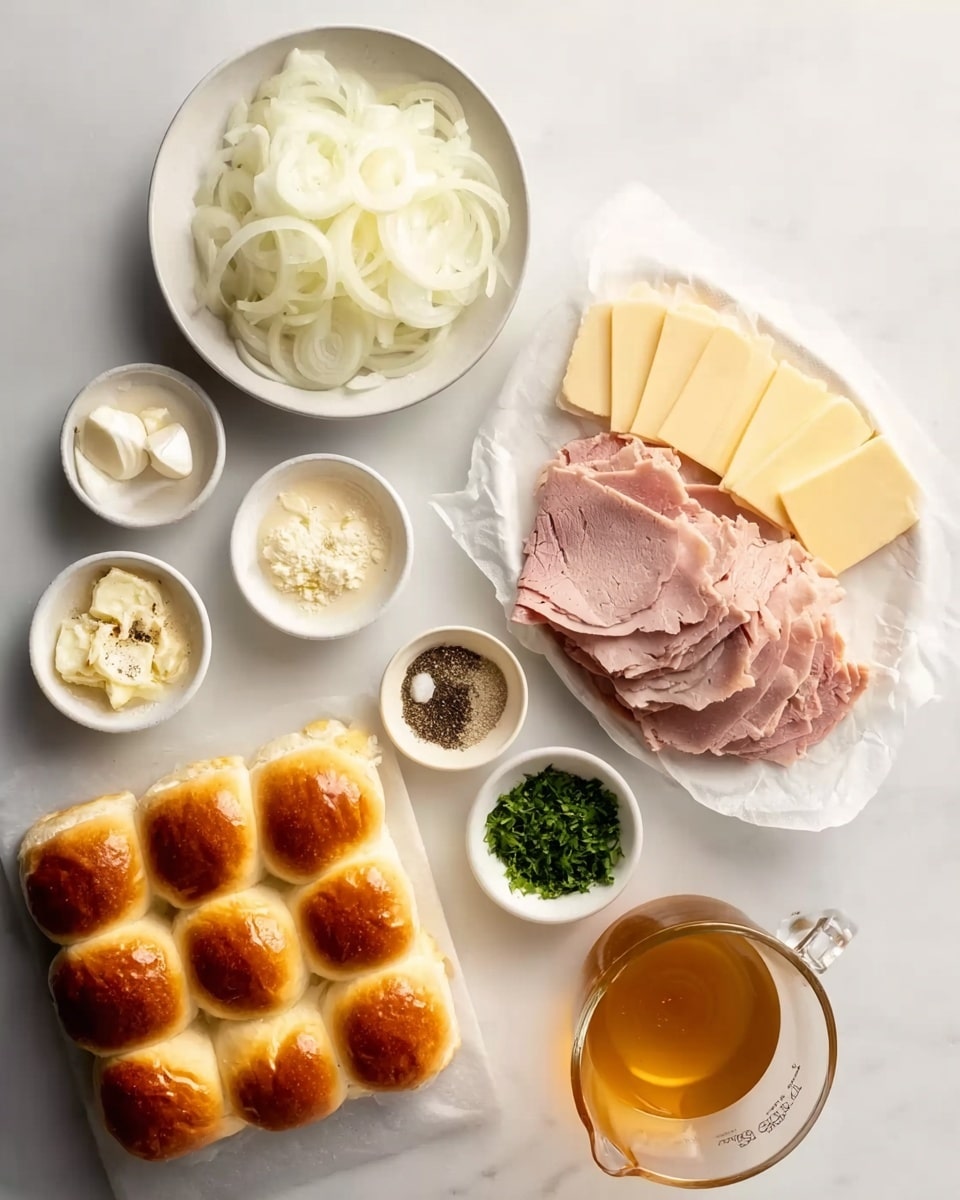 The image shows a white marbled surface with layers of food items arranged neatly. In the center top, there is a white plate containing thin slices of light pink roast meat and pale yellow cheese slices on the side. To the left, a white bowl holds thinly sliced pale onions. Below the plate and bowl, there are small white bowls filled with different ingredients: a white creamy sauce, black pepper, softened butter, chopped green herbs, and minced garlic. At the bottom left, there is a square of nine golden-brown soft dinner rolls placed on white parchment paper. To the right, a clear measuring cup contains a light amber liquid, possibly broth. The scene is bright with soft shadows, and the photo is taken with an iphone --ar 4:5 --v 7
