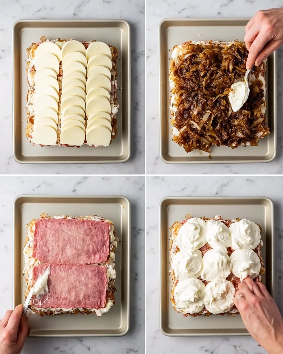 The image shows a four-step process of making a layered dish on a white baking tray with a white marbled background. Step one has a square slice of cooked pink meat as the bottom layer, showing texture and some juices. Step two adds a layer of evenly arranged, smooth white cheese slices on top of the meat. Step three shows a woman's hand spooning a dark brown cooked onion mixture over the cheese, spreading it evenly in the center. Step four has the woman's hand placing dollops of a thick white creamy sauce on top of the onion layer, covering most of it. Photo taken with an iphone --ar 4:5 --v 7