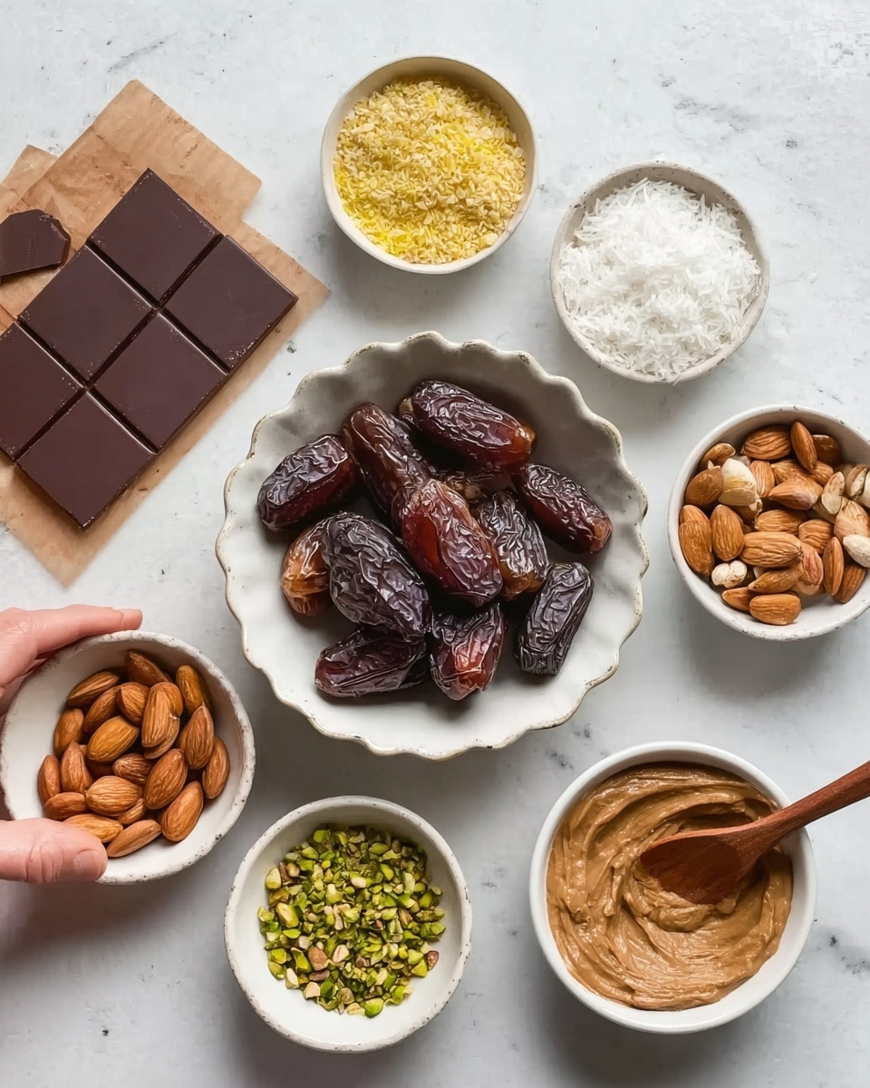 The image shows a white bowl filled with dark brown dates placed in the center, surrounded by six smaller white bowls. The smaller bowls hold various ingredients: one contains golden yellow nuts, another has white shredded coconut, a third has a light brown creamy spread with a wooden spoon, a fourth contains light brown almonds, a fifth has a small pile of coarse white salt, and the last holds small chopped green pistachios. A dark brown rectangular chocolate bar is placed to the left on a white marbled surface. A woman's hand is gently holding a wooden spoon with some of the creamy spread above a white scalloped bowl. The composition is bright, simple, and neatly arranged. photo taken with an iphone --ar 4:5 --v 7