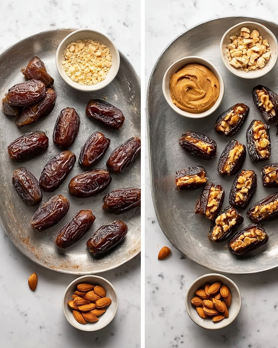 The image shows two metal trays placed side by side on a white marbled surface. On the left tray, there are 20 whole dark brown dates arranged in rows, each with a shiny and wrinkled texture. To the right of this tray, three small white bowls hold different ingredients: the top bowl contains pale cream-colored chopped nuts, the middle bowl has a smooth light brown paste, and the bottom bowl is filled with whole almonds. The right tray displays the same number of dates, now opened and filled with the chopped nuts, making a rough, uneven texture inside each date. The peeled peeled nut pieces inside the dates are light cream color, contrasting with the dark shiny date skin. Photo taken with an iphone --ar 4:5 --v 7