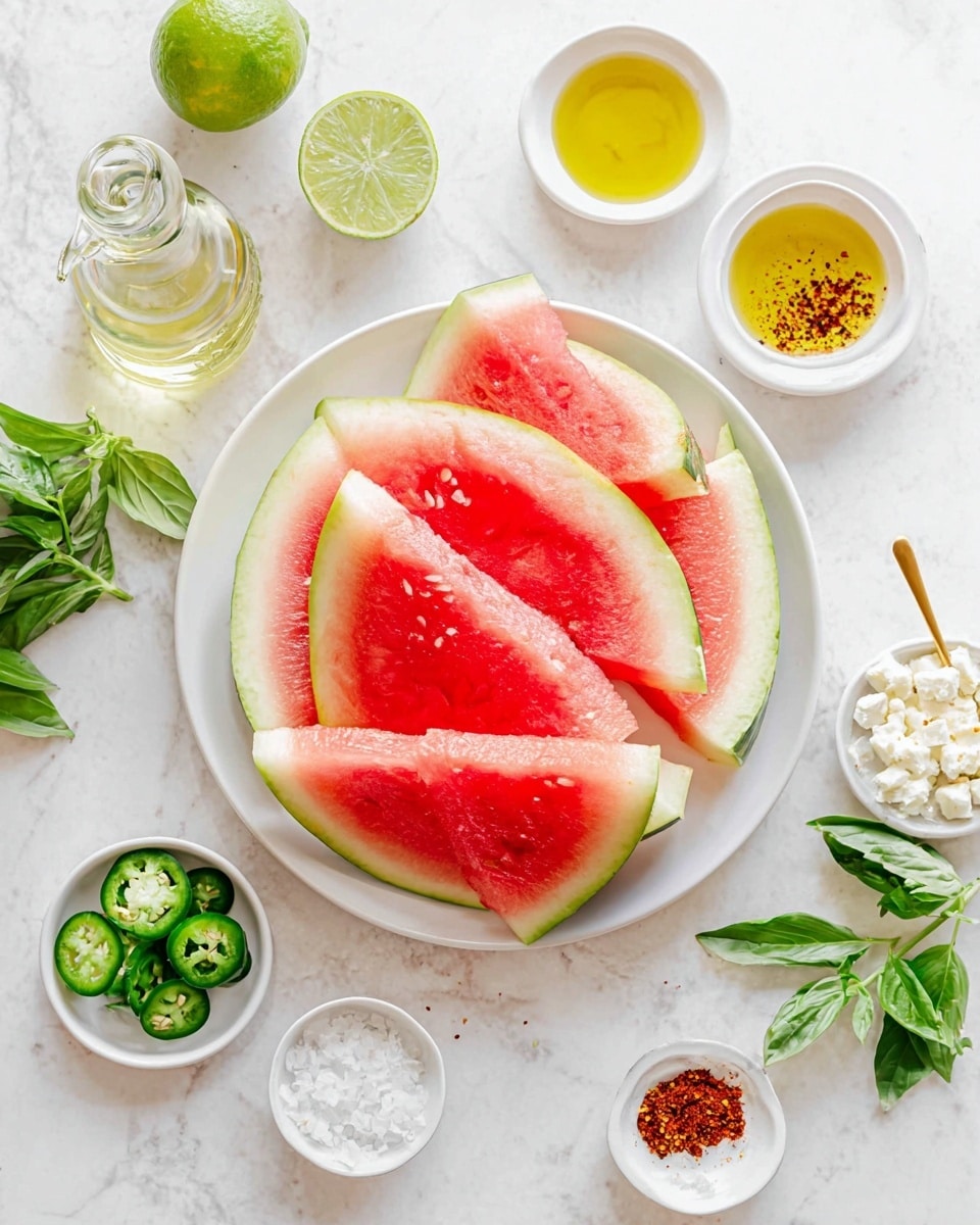 A white plate filled with six large slices of watermelon arranged in a fan shape, showing their bright red flesh with light pink near the rind and green outer skin. Around the plate on a white marbled surface are small white bowls containing light yellow oil, green sliced jalapeño peppers, red chili powder, fresh green basil leaves, white crumbled cheese, and sea salt with a small gold spoon. There are also two lime halves, a glass bottle of oil, fresh green cilantro stems, and two basil leaves scattered on the surface. Photo taken with an iphone --ar 4:5 --v 7