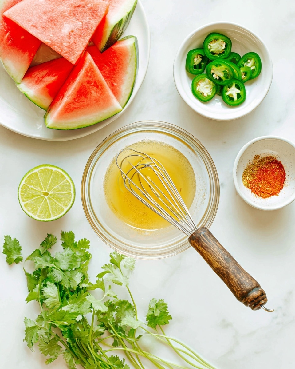 A clear glass bowl with a wooden-handled whisk inside holds a yellowish liquid in the center of the image. To the top left, a white plate holds several triangular slices of watermelon, each with bright red flesh and green rind. Below the plate, a halved lime shows its juicy light green inside, placed on a white marbled surface. To the right of the glass bowl, a small white bowl contains sliced green jalapeño peppers, and next to it, another small white bowl filled with red-orange chili powder. Fresh green cilantro leaves with long stems lay spread out below the glass bowl on the white marbled surface. Photo taken with an iphone --ar 4:5 --v 7
