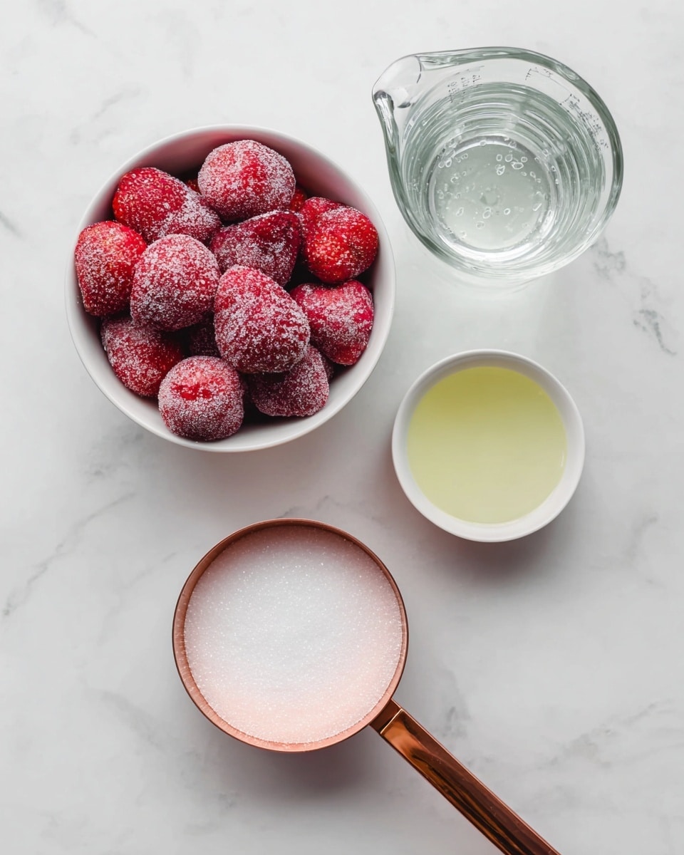 The image shows four separate items arranged on a white marbled surface. There is a white bowl filled with frozen strawberries that have a frosty, textured look and are mostly deep red with some lighter red areas. Above the bowl, there is a clear glass measuring cup filled with water, showing light reflections on the surface. To the right of the bowl, a small white bowl contains a pale yellow liquid. Below that, there is a copper measuring cup filled to the top with white granulated sugar, with a copper handle resting on the surface. The objects are arranged neatly with clear space between them. Photo taken with an iphone --ar 4:5 --v 7