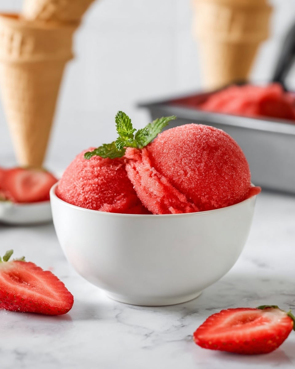 A white bowl holds two scoops of bright red strawberry sorbet with a coarse, icy texture. A small green mint leaf stands up between the scoops. Around the bowl, fresh red strawberry halves with visible seeds lie on a white marbled surface. In the blurred background, there are two stacked light brown ice cream cones and a metal container with more red sorbet visible inside. Photo taken with an iphone --ar 4:5 --v 7