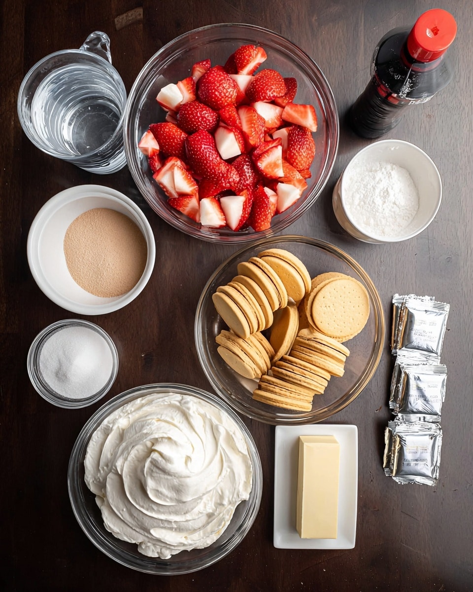 The image shows a dark wooden table with several glass bowls and containers holding different ingredients evenly spaced in a flat lay style. At the top center, a clear glass bowl is full of bright red chopped strawberries with white inner flesh. Below it, a medium-sized glass bowl contains many whole golden sandwich cookies stacked neatly. At the bottom center, a larger clear glass bowl holds smooth white whipped cream with soft peaks. To the left side, a small white bowl contains light brown powder. Above it, a clear measuring cup filled with clear water is visible. At the right side, a small white bowl contains white powdered sugar, and next to it, a black bottle with a red cap stands upright. A wrapped stick of light yellow butter lies near the bottle. Two wrapped silver packages are placed near the cocoa powder bowl. The surface is a white marbled texture. photo taken with an iphone --ar 4:5 --v 7