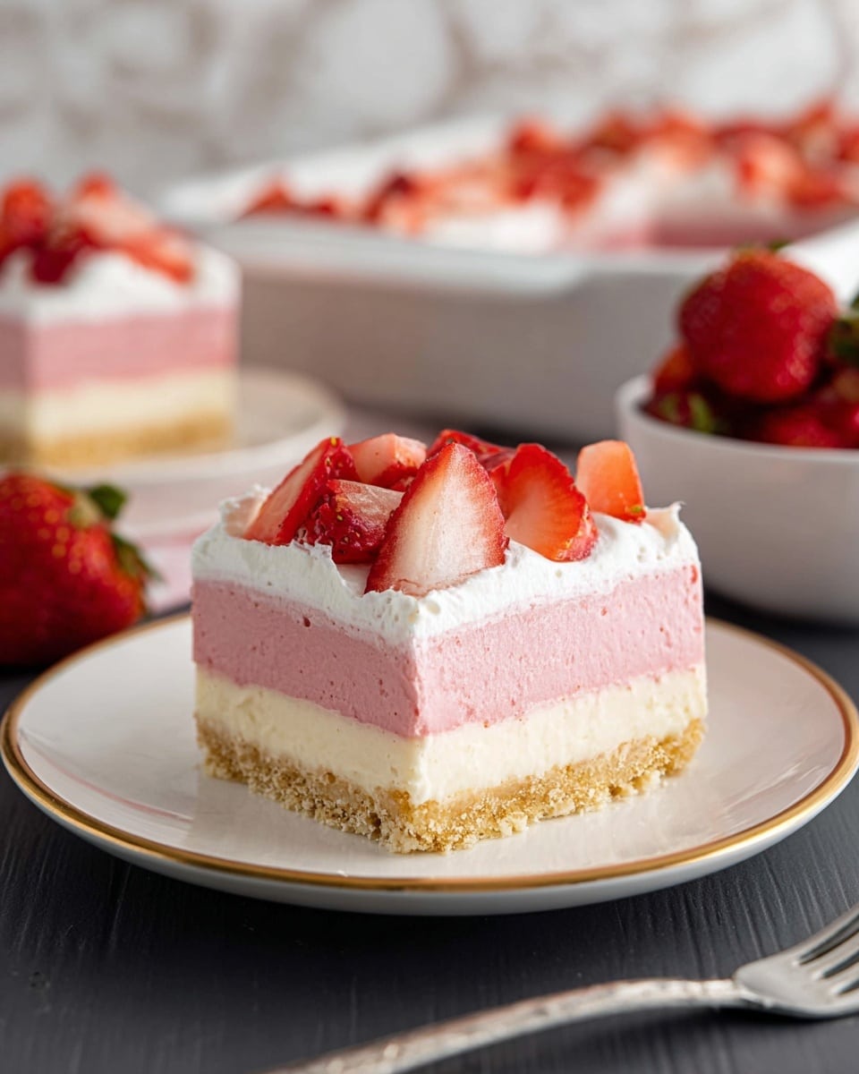 The image shows a square dessert with four layers on a white plate with a thin gold rim, placed on a dark surface with a white marbled texture background. The bottom layer is a light brown crumbly crust, followed by a creamy off-white layer. Above that is a smooth pink layer, topped with a white whipped cream layer. Pieces of fresh red strawberries with white insides are scattered on the whipped cream. In the background, a white dish filled with the same dessert and a white bowl filled with whole strawberries are slightly out of focus. A woman's hand holding a fork is visible at the bottom right corner. Photo taken with an iphone --ar 4:5 --v 7
