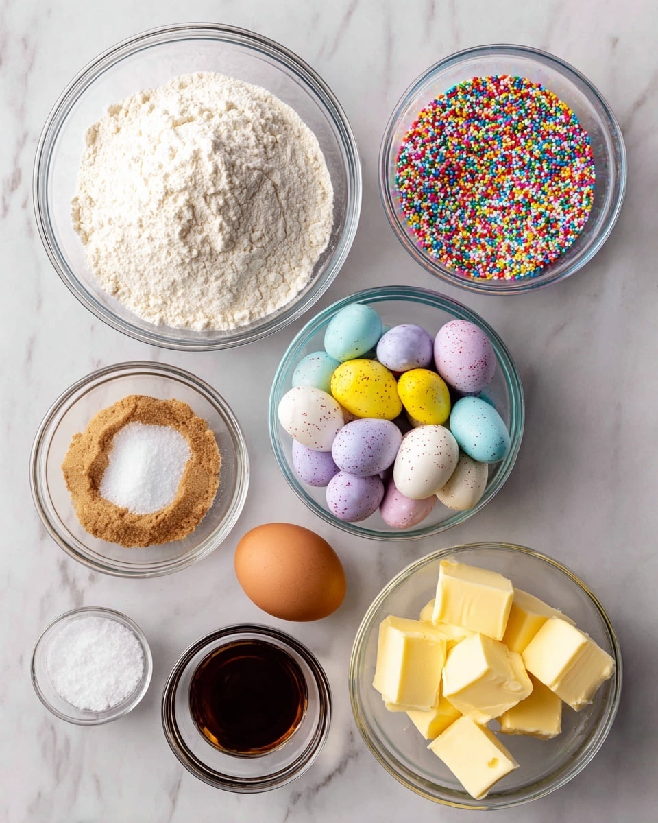 The image shows seven clear glass bowls and one egg on a white marbled surface. The largest bowl at the top left is filled with a white powder mix of flour, baking powder, and salt. To its right, a smaller bowl holds colorful rainbow sprinkles labeled as optional. Below the sprinkles, a bowl contains mini chocolate eggs in pastel colors—yellow, purple, white, and pink—with speckles. Below the flour bowl, a tiny bowl of dark brown vanilla extract sits next to a brown egg. At the bottom left, a medium bowl has a mix of granulated white sugar and brown sugar, and to the right of that, another bowl holds chunks of yellow unsalted butter. Everything is neatly arranged, brightly lit, and clearly labeled. Photo taken with an iphone --ar 4:5 --v 7