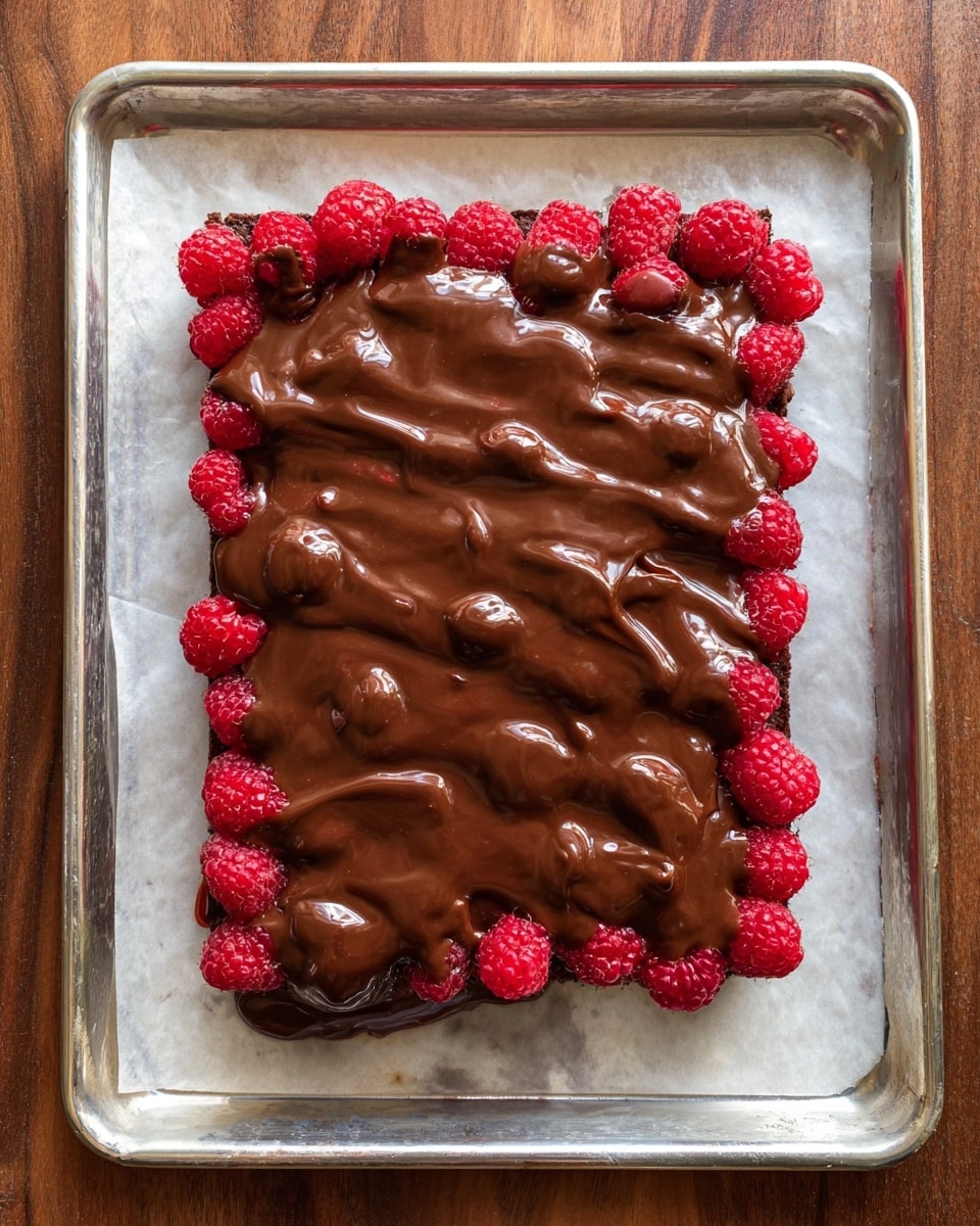 A rectangular dessert sits in the center of a baking tray lined with parchment paper; it has a base layer that is mostly hidden but edged with bright red raspberries all around. The top layer is a thick, glossy milk chocolate sauce that flows unevenly over the raspberries and the base, creating smooth, rounded lumps and a few drips at the edges. The baking tray is silver and placed on a wooden surface, which is replaced by a white marbled texture. The dessert looks rich and shiny, with the chocolate catching the light, and the raspberries providing a vibrant contrast. photo taken with an iphone --ar 4:5 --v 7