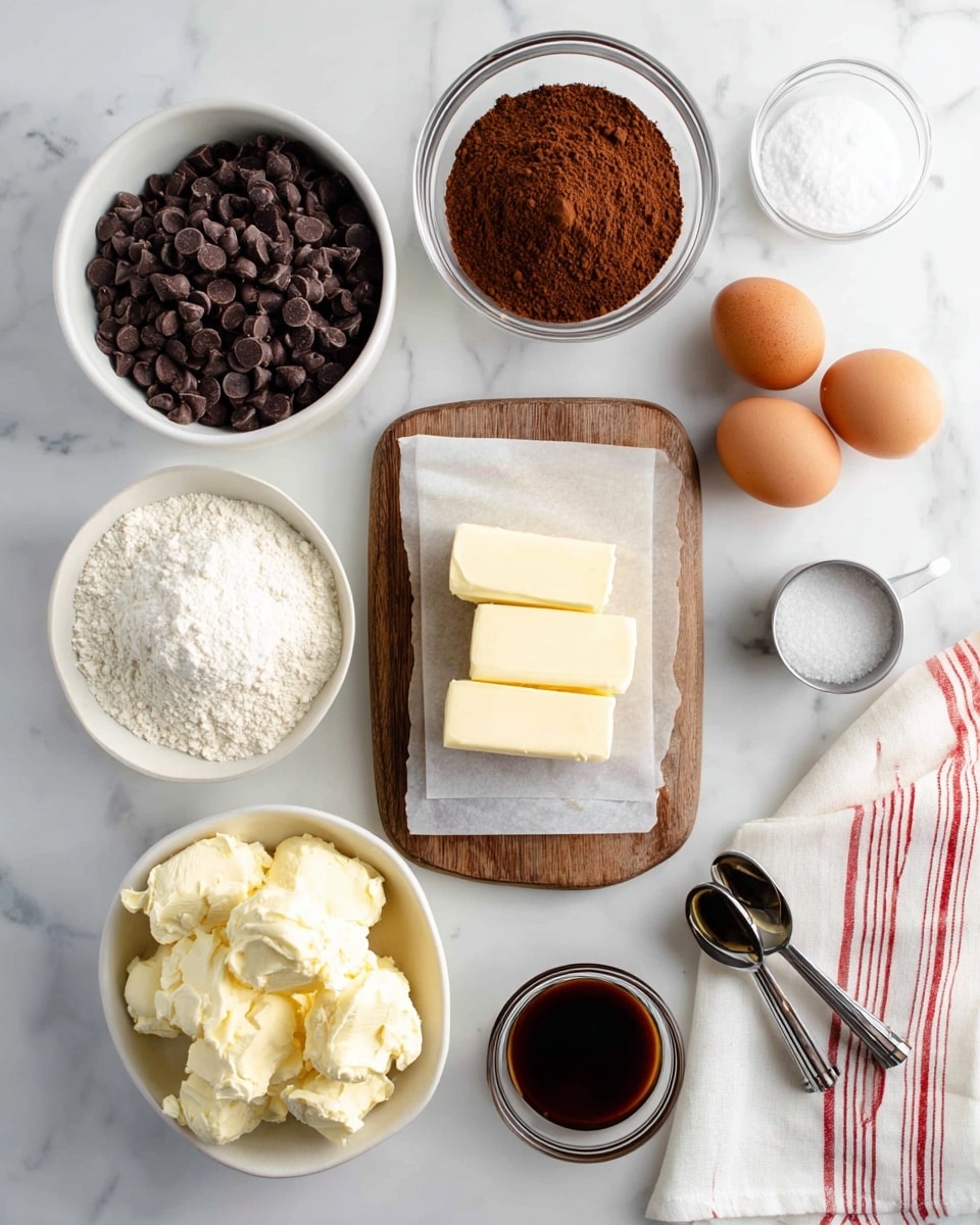 The image shows several white bowls and one wooden board with butter arranged on a white marbled surface. At the top left, a white bowl is full of dark chocolate chips, next to it on the right is a clear glass bowl filled with brown cocoa powder. Two whole brown eggs are placed side by side to the right of the cocoa. Below the eggs is a white bowl filled with white granulated sugar. Near the bottom left, there is a white bowl holding white flour, above it a white bowl contains many scoops of creamy light yellow butter or margarine. In the center on a small wooden board covered with white parchment paper, sit two sticks of pale yellow butter placed neatly. Two metal measuring spoons lie to the right of the wooden board, and a small glass bowl of dark brown vanilla extract is to the left of the butter bowls. A white cloth with red stripes is slightly visible in the bottom right corner of the frame. photo taken with an iphone --ar 4:5 --v 7