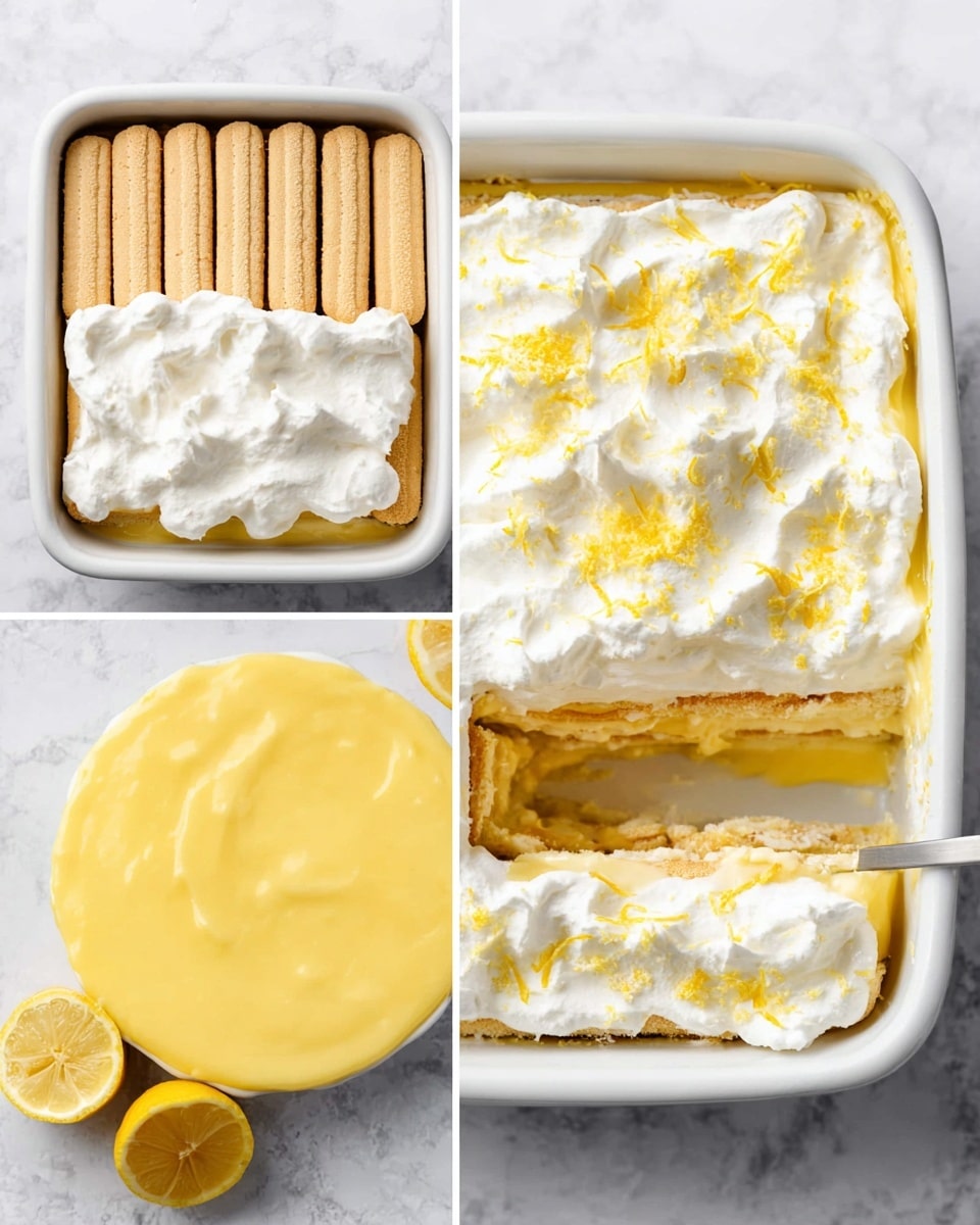 The image sequence shows a four-layer lemon dessert in a square white dish placed on a white marbled surface. The first layer is made of light beige ladyfinger biscuits arranged flat to cover the bottom of the dish. The second layer consists of dollops of thick white cream spread over the ladyfingers. The third layer is a smooth, bright yellow lemon custard filling, evenly covering the cream. The top layer is a fluffy white whipped cream with lemon zest sprinkled over it, with a section cut out to reveal the layered texture inside. A lemon wedge is placed beside the dish. Photo taken with an iphone --ar 4:5 --v 7