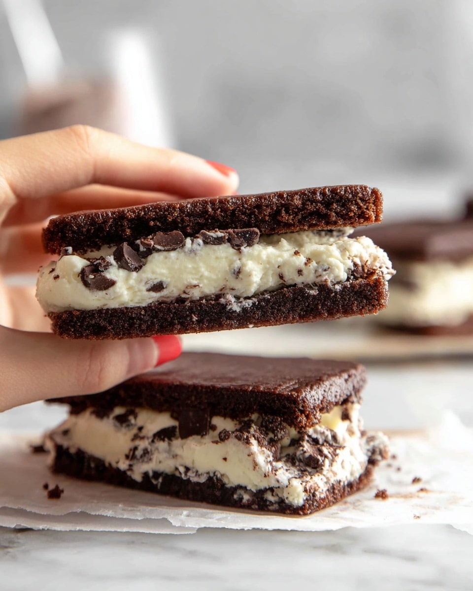 A close-up of a chocolate sandwich with two thick dark brown cake-like layers on the top and bottom, filled with a thick, creamy off-white layer mixed with small dark chocolate chunks in the middle. The sandwich is held by a woman's hand showing the side view, while another piece lies flat on a white marbled surface in the blurred background. The texture of the cake layers looks soft and slightly crumbly. Photo taken with an iphone --ar 4:5 --v 7