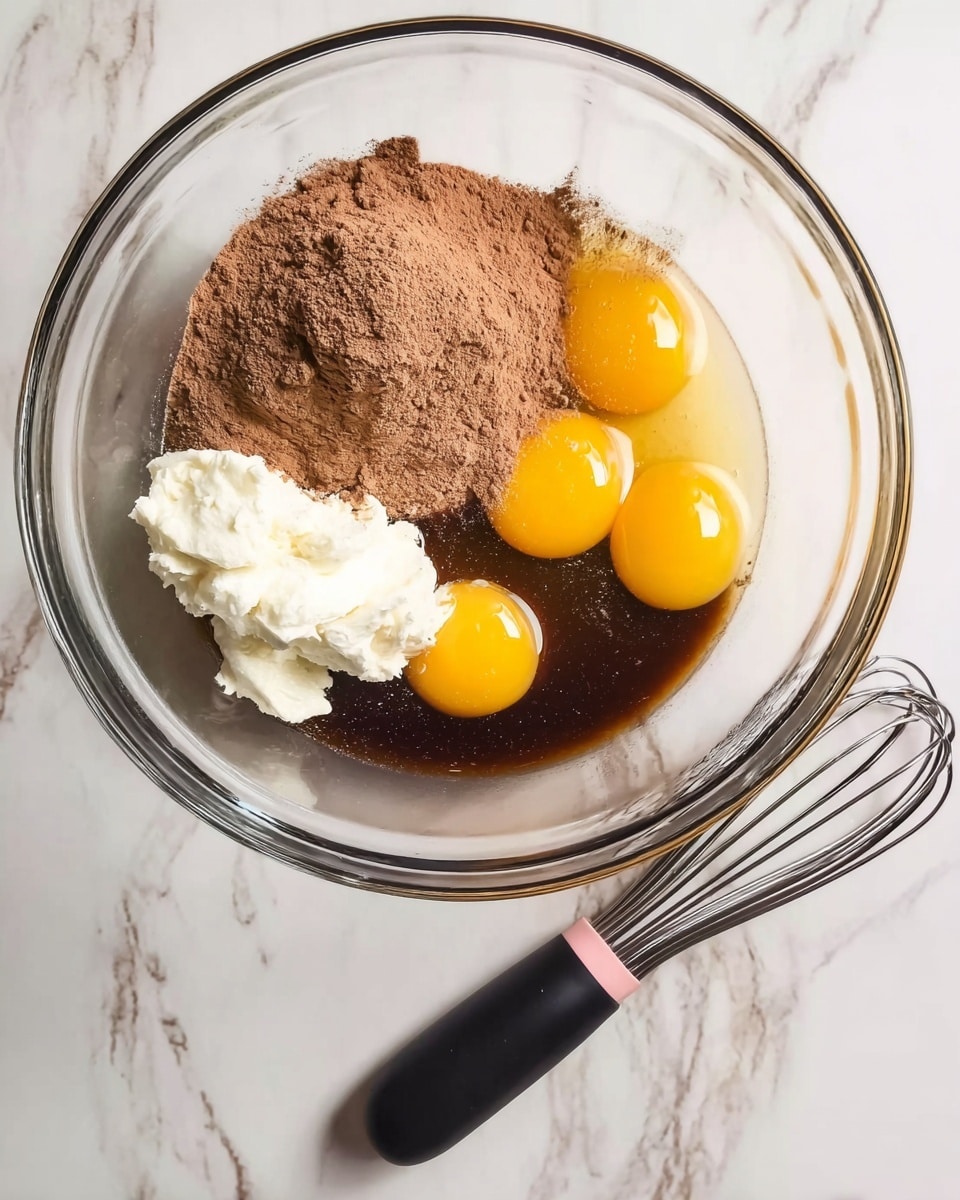 A clear glass bowl sits on a white marbled surface filled with four raw eggs showing bright yellow yolks, two large uneven piles of brown powder, a dollop of thick white sour cream-like substance, and a pool of dark brown liquid all separate from each other. Next to the bowl on the right is a black whisk with a pink band near the handle, resting flat on the white marbled surface. photo taken with an iphone --ar 4:5 --v 7