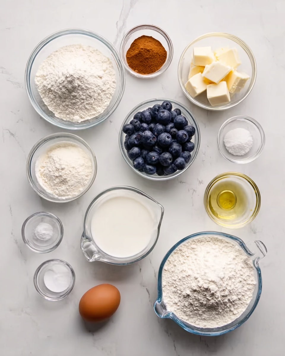 The image shows a collection of clear glass bowls and a small pitcher arranged on a white marbled surface, each containing different baking ingredients. From left to right, there is a bowl with white flour, a bowl with white sugar, a bowl with cinnamon powder, a bowl with small cubes of butter, a small bowl with milk, a clear pitcher filled with fresh blueberries, a small bowl holding one brown egg, a bowl with white baking powder, a small bowl with salt, a bowl with white granulated sugar, a small bowl with clear vegetable oil, and a larger bowl filled with white flour. The bowls are neatly spread in a loose line, creating a clean and organized scene. Photo taken with an iphone --ar 4:5 --v 7