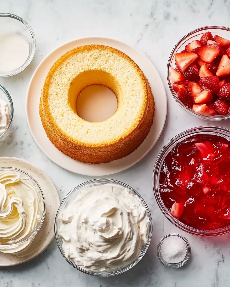 In the center, there is a round, light golden sponge cake with a hole in the middle, placed on a white plate. Surrounding the cake are five clear glass bowls, each containing different ingredients: on the top right, bright red sliced strawberries with a juicy texture; below that, thick, smooth white whipped cream; in the bottom center, shiny red gelatin with a glossy surface; on the bottom left, creamy off-white softened cream cheese with swirled texture; and near the bottom right, fine white granulated sugar. All items are arranged neatly on a white marbled texture surface. photo taken with an iphone --ar 4:5 --v 7