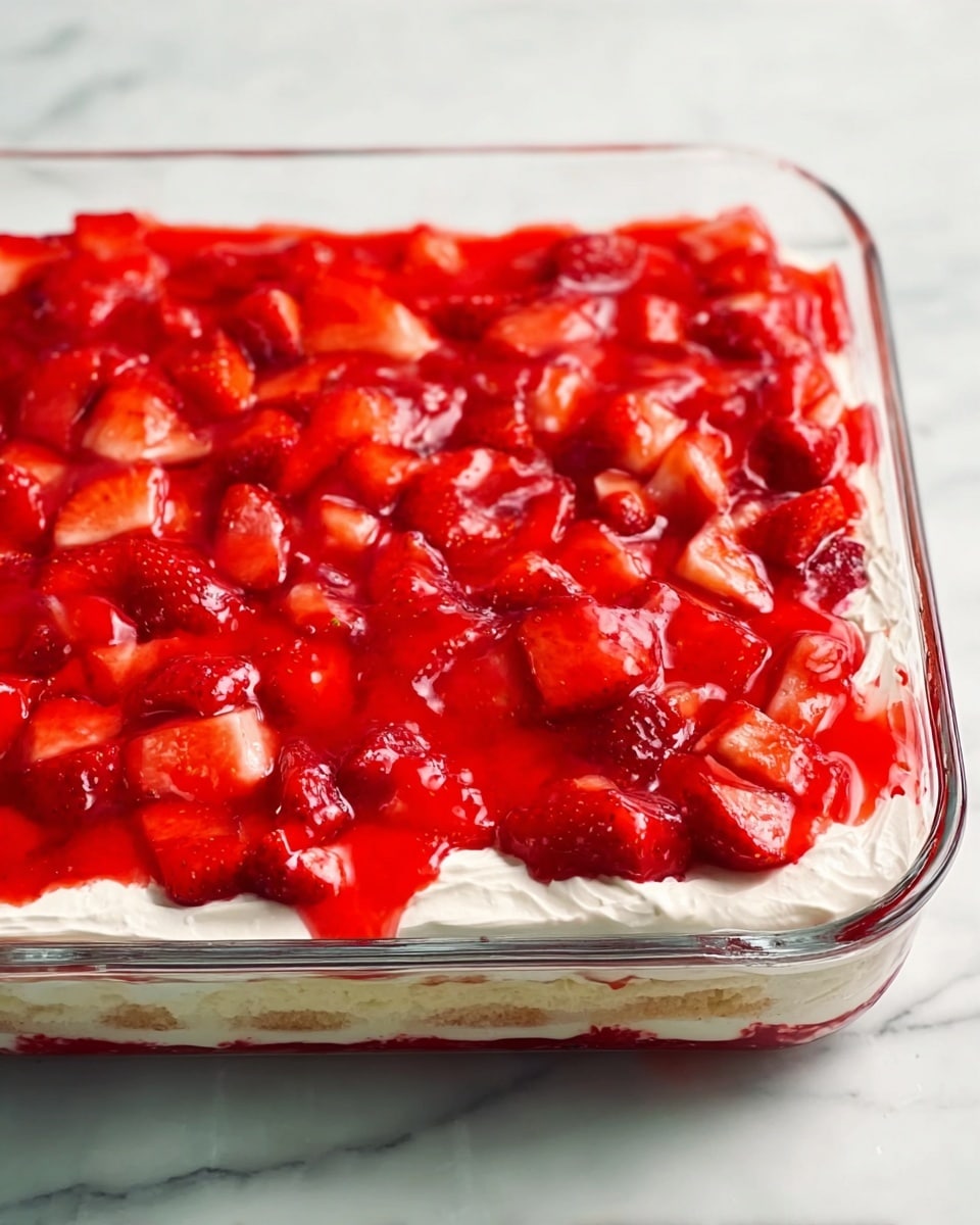 The image shows a clear rectangular glass dish with three layers of food inside. The bottom layer is not fully visible but appears to be a light color, likely a base cake or biscuit layer. The middle layer is thick and white, creamy in texture, covering the entire dish evenly. The top layer is bright red with chopped strawberries mixed in a shiny, smooth red glaze that spreads across the surface, filling the dish edge to edge. The dish sits on a white marbled surface. photo taken with an iphone --ar 4:5 --v 7