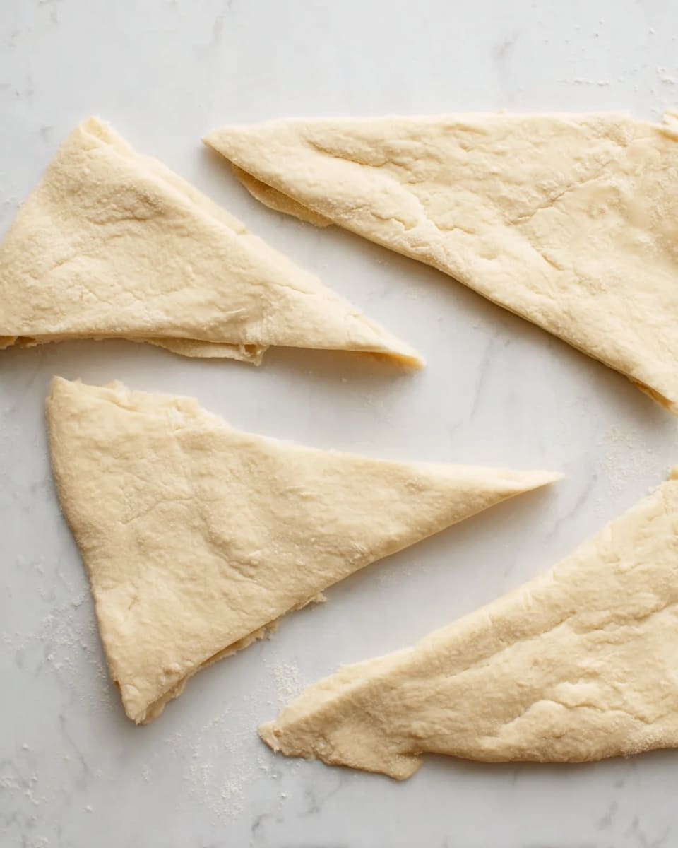 The image shows four large, uneven triangle shapes of light beige dough laid flat on a white marbled surface. The dough pieces have a rough texture with some visible small bumps and slight tears along the edges. The background is plain with no additional objects or decorations in the frame. The lighting is bright and natural, highlighting the soft texture of the dough. photo taken with an iphone --ar 4:5 --v 7