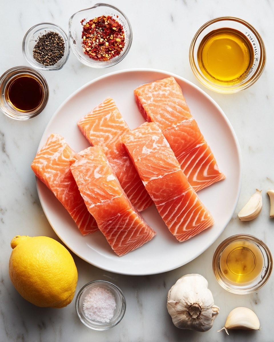 A white plate holds four raw salmon fillets, arranged side by side, showing light pink to orange color with visible white lines of fat. Around the plate on a white marbled surface, there are small clear glass bowls with black pepper, salt, red chili flakes, and a light golden liquid. Two small clear measuring cups contain a dark brown and a golden liquid, and a bright yellow lemon and three peeled garlic cloves are placed near the bowls. The image is bright and clean with a focus on fresh ingredients. photo taken with an iphone --ar 4:5 --v 7