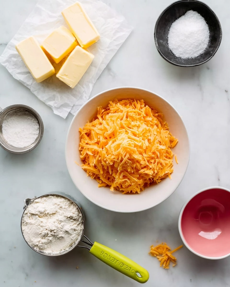 The image shows a white marbled surface with five main elements arranged neatly. At the center, there is a white bowl full of orange shredded cheese, fluffy and filled to the top with slightly uneven edges. To the top left, several small blocks of butter are placed on a piece of paper, pale yellow in color and stacked loosely in a line. To the top right, a small black bowl contains a white powder, likely salt. Below this bowl and to the left of the cheese, there is a small shiny silver bowl with a white powder, possibly flour, and next to it at the bottom left, a metal measuring cup filled with white flour sits flat on the surface with a lime green handle pointing to the bottom right. In the bottom right corner, an empty small white bowl with a pink interior is visible. Scattered near the cheese are a few stray orange shreds. The photo taken with an iphone --ar 4:5 --v 7
