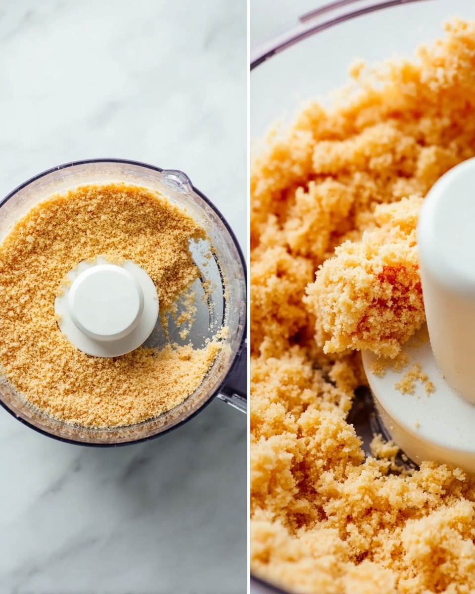 The image shows two close-up views of a food processor on a white marbled surface. On the left, the inside of the food processor bowl is filled with an even layer of light golden crumbly mixture, which looks soft and coarse in texture. The white center appliance part rises from the crumbs in the middle. On the right, the clear lid of the food processor reveals a few large clumps of the same crumbly mixture resting around the white center blade holder; the mixture is light orange-beige with a rough texture. The background is a clean white marbled surface. Photo taken with an iphone --ar 4:5 --v 7