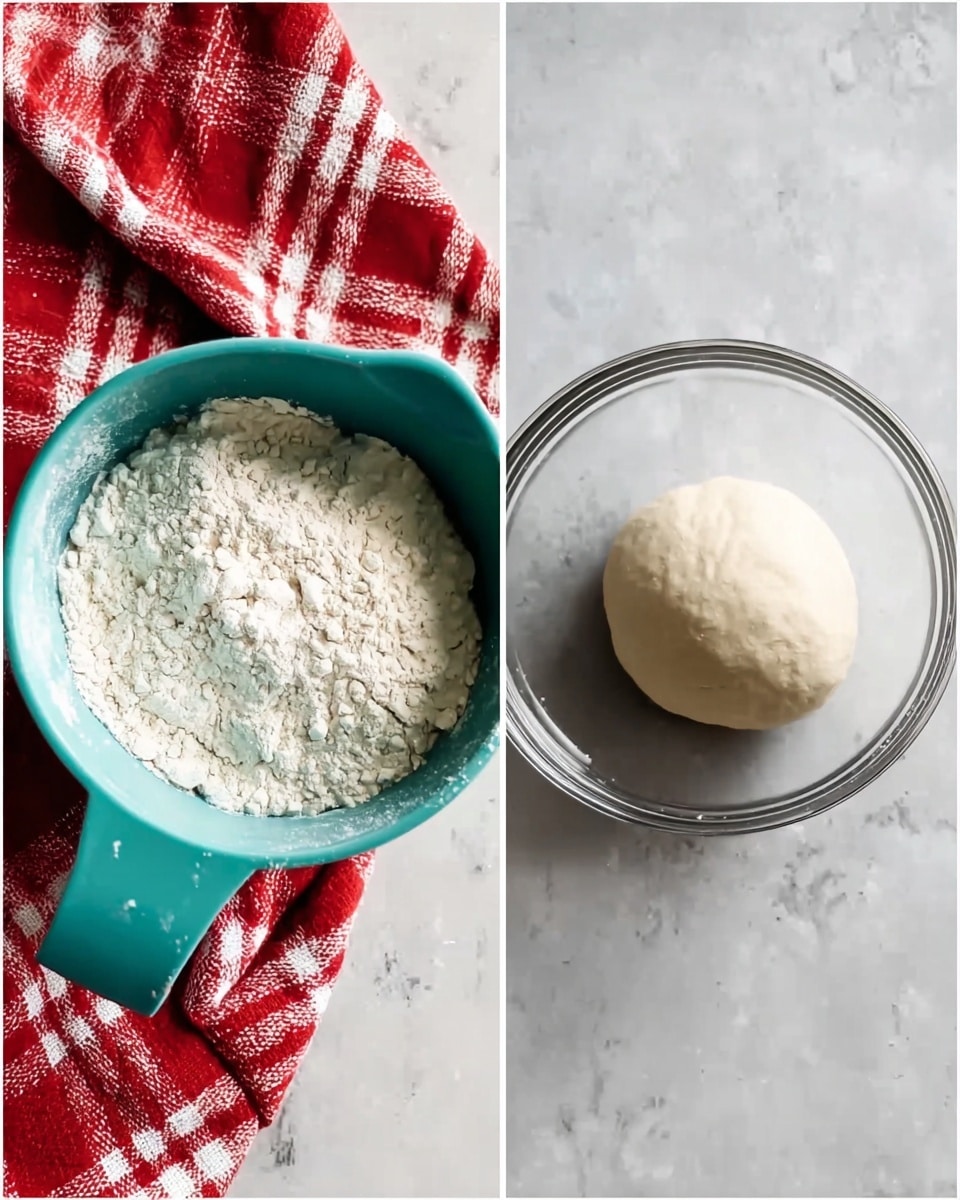 The first image shows a teal measuring cup filled with white flour, placed on a white marbled surface with a red and white checkered cloth beside it. The second image displays a smooth, round dough ball resting inside a clear glass bowl on the same white marbled surface. Photo taken with an iphone --ar 4:5 --v 7