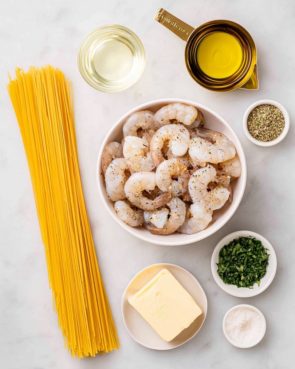 A top-down view of raw shrimp in a large white bowl, sprinkled with black pepper and seasoning; next to it are small containers holding minced garlic, chopped green herbs in a gold measuring cup, olive oil in a small white cup, a light liquid in a clear glass bowl, a small white dish of seasoning, a block of butter with a light tan wrapper, and a neat bundle of uncooked yellow spaghetti arranged vertically on a white marbled surface, photo taken with an iphone --ar 4:5 --v 7