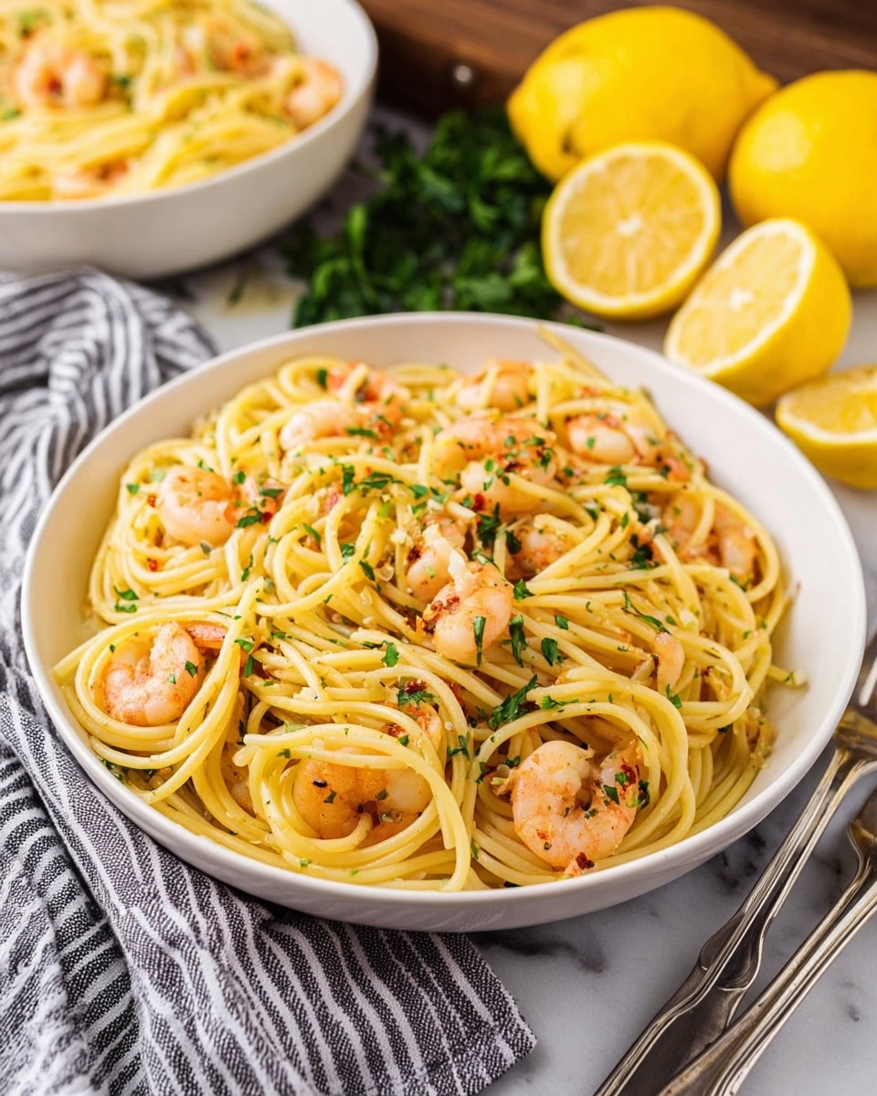 A white round bowl filled with spaghetti noodles mixed evenly with pink shrimp scattered throughout, all coated lightly in a yellowish sauce. The dish is topped with finely chopped green parsley, adding a fresh contrast. Around the bowl, there are whole and cut bright yellow lemons on a white marbled surface. A striped grey and white cloth sits beside the bowl, and in the background, a white bowl with more shrimp pasta and two forks resting nearby are visible. photo taken with an iphone --ar 4:5 --v 7