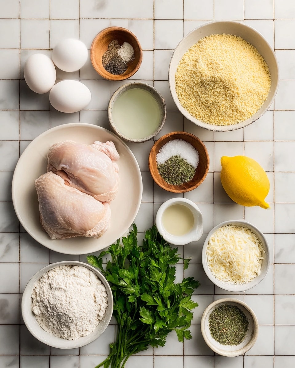 The image shows ingredients arranged neatly on a white marbled surface with a grid tile pattern, including two raw chicken pieces placed on a white plate in the bottom left corner. Above the chicken, there is a white bowl filled with light yellow breadcrumbs. To the right of the chicken, there is a small white bowl of clear liquid, likely milk, and next to it, a whole lemon with bright yellow skin. Below the lemon, a white bowl is filled with white flour. In the top left corner, there are three white eggs placed close together. Above the eggs, two small wooden bowls hold salt and ground black pepper. Next to the eggs, a bunch of fresh green parsley lays flat on the surface. To the right, two small bowls contain finely shredded white cheese and a mix of dried herbs and garlic powder, while a small white cup filled with olive oil is placed near the cheese. The composition is clean and well-organized, centered on cooking preparation. photo taken with an iphone --ar 4:5 --v 7