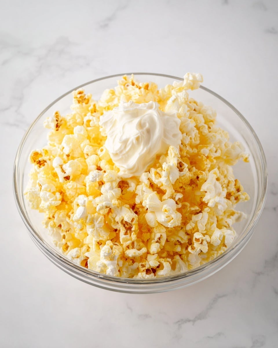 A clear glass bowl filled with a large layer of yellow and white popcorn that looks crispy and light, topped with a dollop of smooth and creamy white sauce sitting right in the middle of the popcorn. The bowl is placed on a white marbled surface, making the colors of the popcorn and sauce stand out. photo taken with an iphone --ar 4:5 --v 7