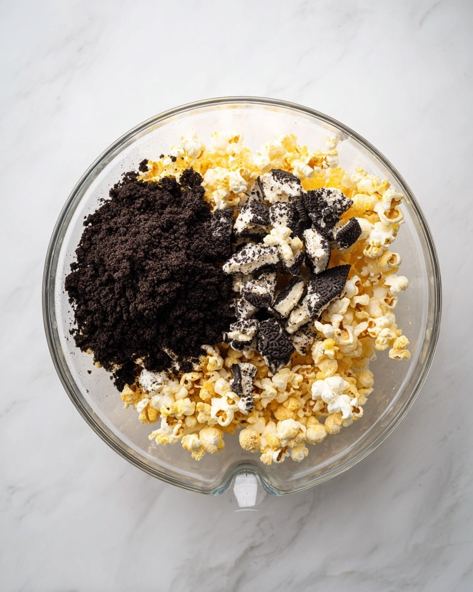A clear glass bowl sits on a white marbled surface, filled with three layers of ingredients: a base layer of yellow and white popcorn, a cluster of black and white broken cookie pieces placed on the right side, and a mound of finely crushed dark cookie crumbs piled more to the left side. The textures contrast between the rough, crunchy popcorn and the powdery dark crumbs mixed with the chunkier cookie bits. The bowl is round with a small pouring spout visible at the bottom edge. Photo taken with an iphone --ar 4:5 --v 7