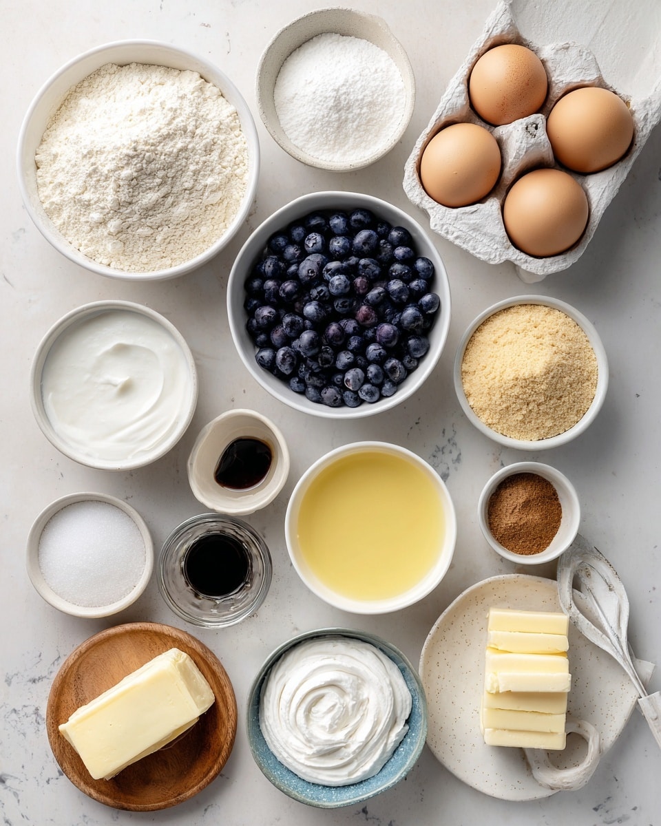 A clean and organized top-down view of various baking ingredients placed on a white marbled surface. There are twelve white bowls and a small wooden plate arranged neatly. The largest white bowl at the top left holds off-white all-purpose flour with a rough texture. Next to it is a smaller bowl with white cornstarch powder. In the middle, a white bowl is filled with dark blue, round blueberries. At the top right, a white egg tray holds two light brown eggs. Below the eggs, a small white bowl contains pale yellow lemon juice. To the left of lemon juice, there’s a small dark bottle of vanilla extract. Below the vanilla, a medium-sized bowl holds white powdered sugar with a soft, powdery texture. To the left of powdered sugar is a small bowl with beige brown sugar which looks crumbly. Below it is a bowl of thick sour cream with smooth white swirls. Next to sour cream, a small bowl holds clear water. At the bottom left, a medium bowl contains white milk. A small white plate holds a mix of salt, baking powder, and a bit of cinnamon powder. Finally, two sticks of unsalted butter wrapped in paper rest at the bottom right. The scene looks bright and clean, with soft natural light. photo taken with an iphone --ar 4:5 --v 7