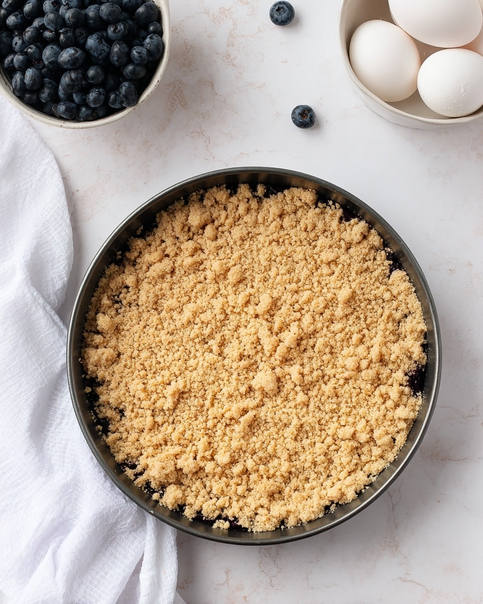 A round dark baking pan holds a layer of crumbly, light brown streusel topping that is uneven with some small clumps scattered over a dark base. The pan is placed on a white marbled surface. In the upper left corner, there is a white bowl filled with fresh blueberries, showing their soft, round, purplish-blue texture. At the top right, white egg shells sit in a small white bowl on a white cloth with gentle folds. photo taken with an iphone --ar 4:5 --v 7
