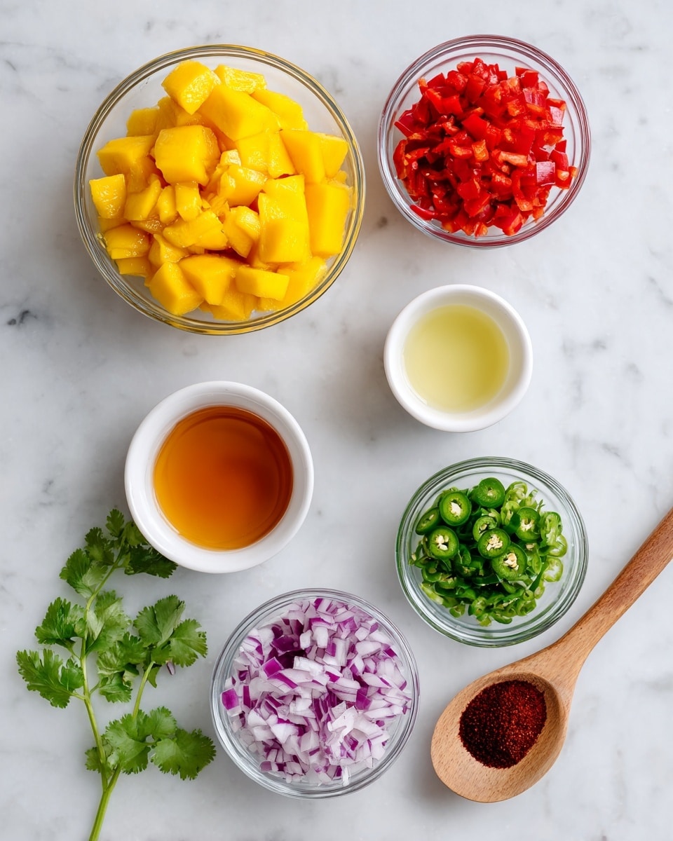 The image shows seven small containers arranged neatly on a white marbled surface. At the center is a clear glass bowl filled with bright yellow mango chunks. Above it and slightly to the left is another clear bowl with bright red diced red pepper. To the right of the red pepper is a small white bowl with light yellow lime juice, and below that is a white bowl filled with golden honey. Below the mango bowl is a clear glass bowl containing finely chopped purple and white red onion. To the right of the mango is a small clear glass bowl with chopped green jalapenos. Near the middle bottom is a wooden spoon filled with dark red chili powder. A small sprig of fresh green cilantro is placed near the bottom left side. The photo taken with an iphone --ar 4:5 --v 7