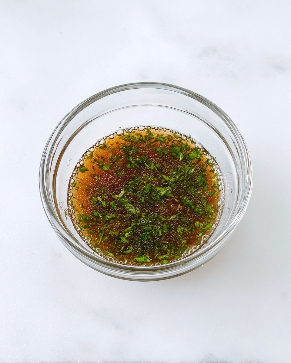A clear glass bowl holds a thin layer of brown liquid sauce mixed with finely chopped small green herbs floating on top, all set on a smooth white marbled surface. The sauce has a slightly oily texture with tiny bubbles on the surface around the edges, and the green herbs are evenly spread within the liquid, creating a fresh and colorful contrast. Photo taken with an iphone --ar 4:5 --v 7