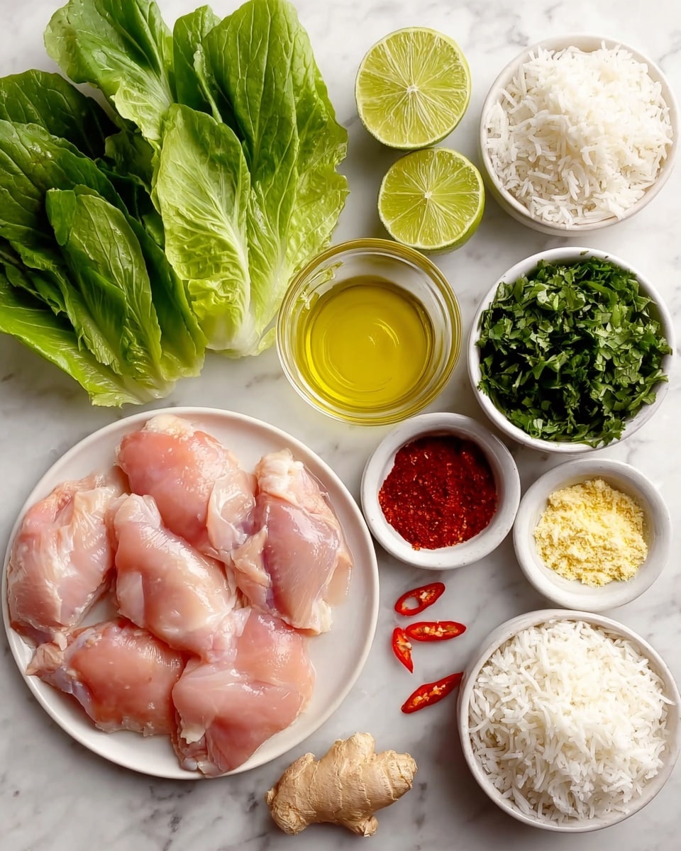 The image shows fresh raw chicken pieces with a pale pink color placed on a white plate on a white marbled surface. To the left are fresh green leafy vegetables with a crisp texture. Above the chicken are two lime halves with a bright green and juicy interior. Next to the lime is a small clear glass bowl filled with golden yellow oil. At the top right, a white bowl is filled with fresh chopped green herbs. At the bottom right, a white bowl holds fluffy white cooked rice. Nearby, small white bowls contain light yellow grated ginger, dark red chili powder, and sliced bright red chili peppers. A piece of fresh beige ginger root is positioned near the chicken and bowls, adding an earthy tone. The overall scene is neat and colorful, highlighting the ingredients. photo taken with an iphone --ar 4:5 --v 7