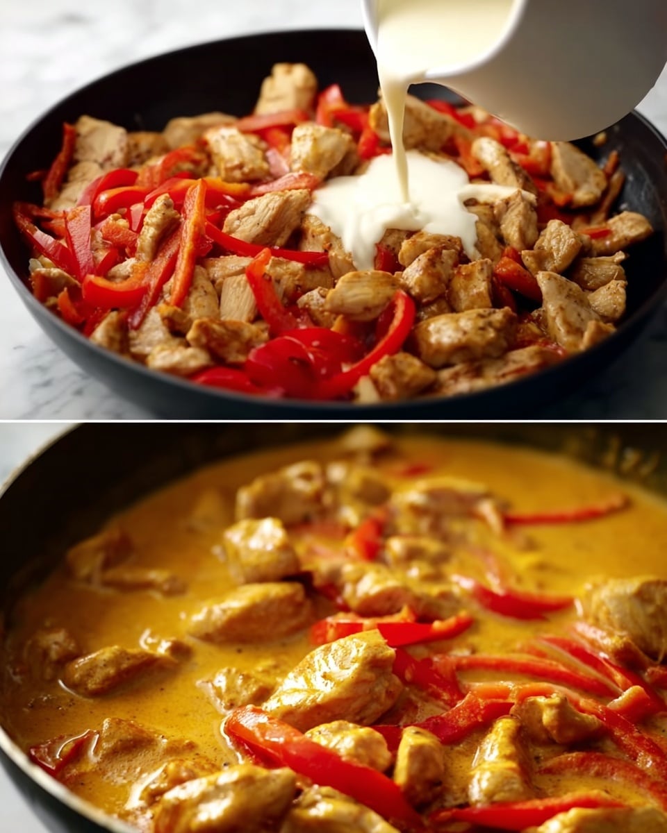 The first image shows a close-up of a black pan filled with cooked light brown chicken pieces mixed with bright red bell pepper strips. A creamy white sauce is being poured from a white jug over the chicken and peppers, adding a smooth texture to the dish. In the second image, the pan contains the same chicken and red bell pepper pieces now simmering in a thick, rich orange-yellow curry sauce, covering the ingredients with a glossy finish. The background is a white marbled texture. photo taken with an iphone --ar 4:5 --v 7