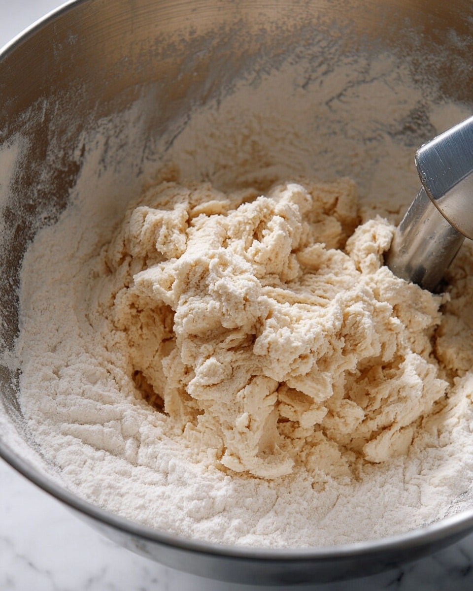The image shows a close-up of a metal mixing bowl containing rough, crumbly dough at the center with dry white flour scattered around the edges inside the bowl. There is a shiny metal dough hook partially visible on the right side, stirring the dough which has a pale beige color and a coarse texture. The dough is clumping together while the flour remains loose and powdery. The background is a white marbled texture. photo taken with an iphone --ar 4:5 --v 7