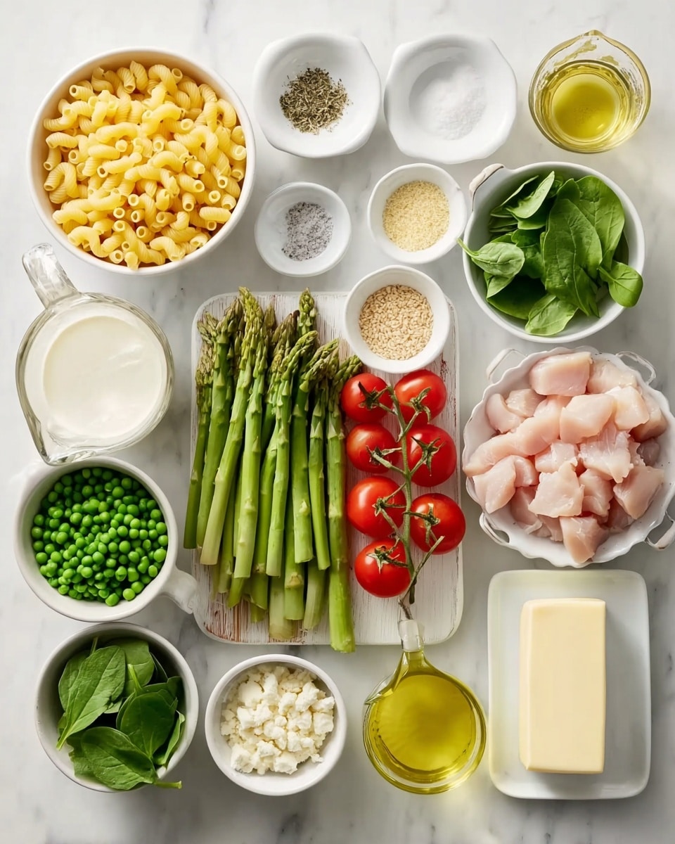 The image shows many ingredients for cooking, arranged neatly on a white marbled surface. In the top left, a white bowl filled with yellow macaroni pasta sits next to small white bowls holding salt, black pepper, and dried herbs. Below these, a wooden board holds bright green asparagus spears and a small bunch of red cherry tomatoes still attached to their vine. Around the board are white bowls of green peas, fresh green spinach leaves, and small white bowls of breadcrumbs and grated cheese. On the right side, a white bowl contains pieces of raw diced chicken. Near the bottom, various liquids and dairy are shown: a glass measuring cup of pale yellow broth, a block of white cream cheese on a white dish, a small glass cup of yellow olive oil, a rectangular white plate with a stick of butter, and a clear measuring cup of milk. The colors are fresh and natural, showing a mix of green, red, yellow, white, and cream tones. Photo taken with an iphone --ar 4:5 --v 7