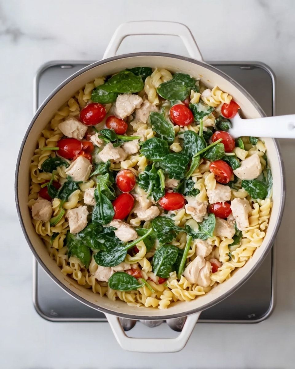 A white pot filled with a pasta dish, showing three main layers: yellow curly pasta forming the base layer, scattered small pieces of cooked light beige chicken pieces throughout, and bright red halved cherry tomatoes mixed with fresh, green spinach leaves on the top. A white spoon rests inside the pot on the right side, partially covered by the food. The pot is set on an electric stove with a grey surface, placed on a white marbled countertop. photo taken with an iphone --ar 4:5 --v 7
