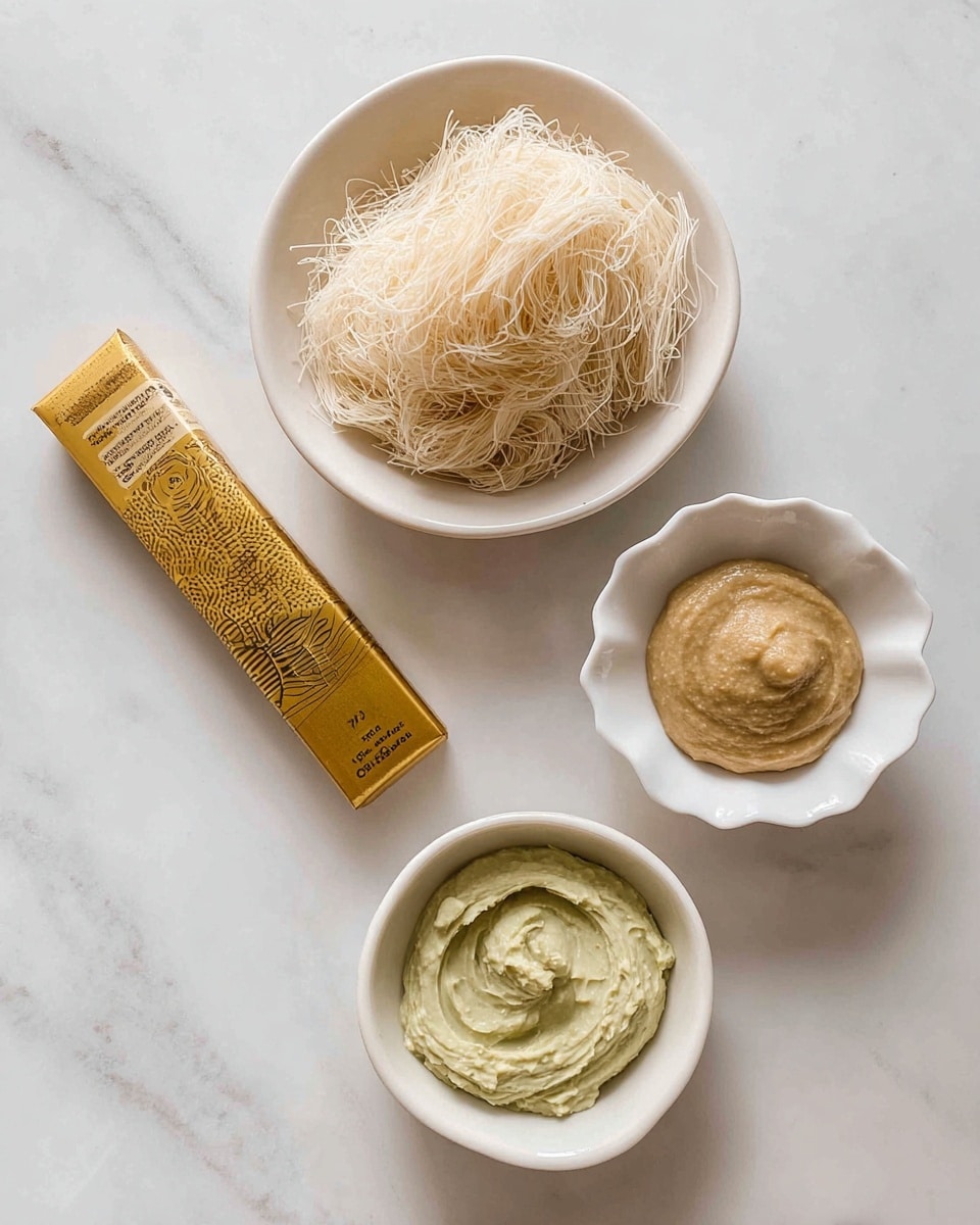 A white bowl filled with a pile of fine, pale beige kataifi dough strands sits at the top center. Below it, a wrapped stick of butter in golden packaging lies horizontally. To the right, there is a white scalloped bowl containing smooth, light tan tahini paste. At the bottom center, a white round bowl holds thick, pale green pistachio cream with a silky texture. The items are arranged on a white marbled surface, all photographed with an iphone --ar 4:5 --v 7