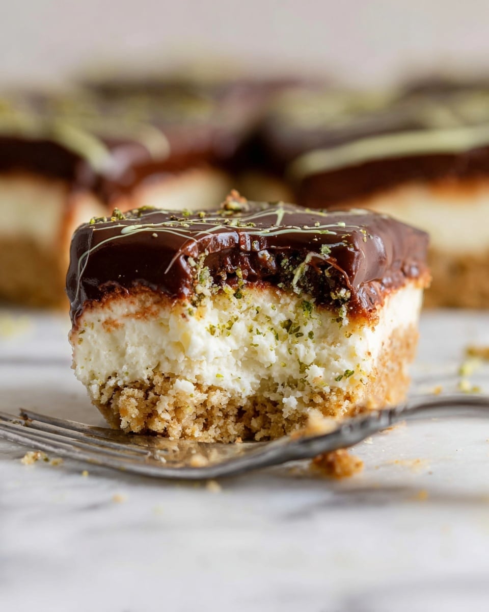 The image shows a close-up of a cheesecake bite with three visible layers. The bottom layer is crumbly and light brown with crispy texture, the middle layer is creamy white cheesecake with a smooth and soft look, and the top layer is a thick, shiny dark chocolate glaze with thin, light green lines drizzled across it. The cheesecake bite rests on a white marbled surface, and a silver fork is partially under the cheesecake piece, holding a small crumb. Another piece of the cheesecake with chocolate glaze is seen in the background, slightly out of focus. Photo taken with an iphone --ar 4:5 --v 7
