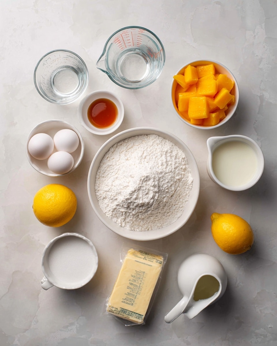 A flat lay of baking ingredients is arranged neatly on a white marbled texture. In the center is a white bowl filled with white flour. Around it, clockwise from the top, there is a small white bowl with bright orange frozen mango chunks, a clear glass measuring cup with a clear liquid, a clear glass with white cream, a whole bright yellow lemon, a small white bowl with two raw eggs, a white bowl filled with white sugar, a small white cup with amber vanilla extract, a small white pitcher with pale yellow oil, a tall clear glass of milk, and a packet of unflavored gelatin. At the bottom center, in front of the flour bowl is a rectangular stick of butter with its wrapper partially open. The colors range from white and pale cream tones to bright yellow and orange. The photo taken with an iphone --ar 4:5 --v 7