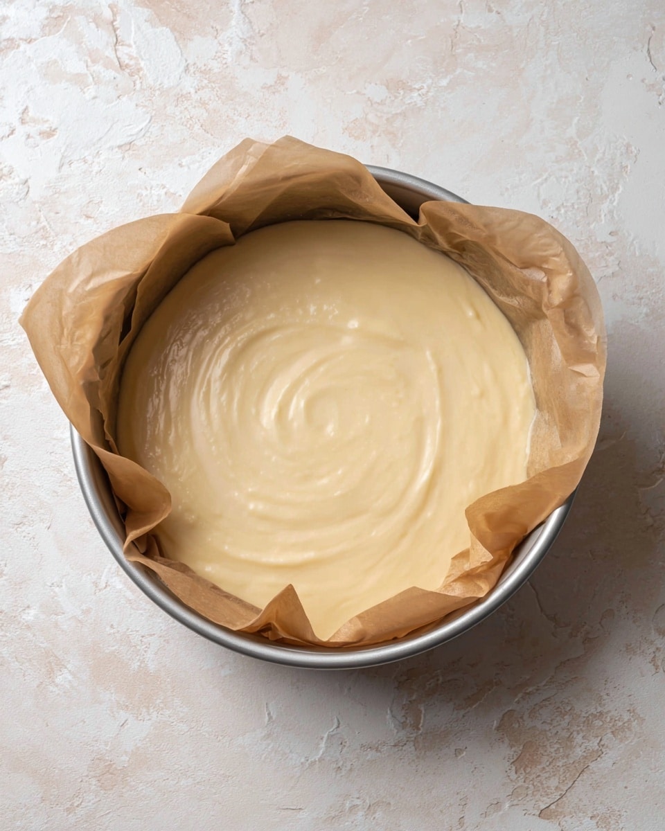 A single layer of smooth, pale yellow cake batter fills a round silver baking pan lined with brown parchment paper that extends beyond the edges of the pan. The batter has a creamy texture with gentle swirls on the surface, and the pan sits on a white marbled textured surface. photo taken with an iphone --ar 4:5 --v 7
