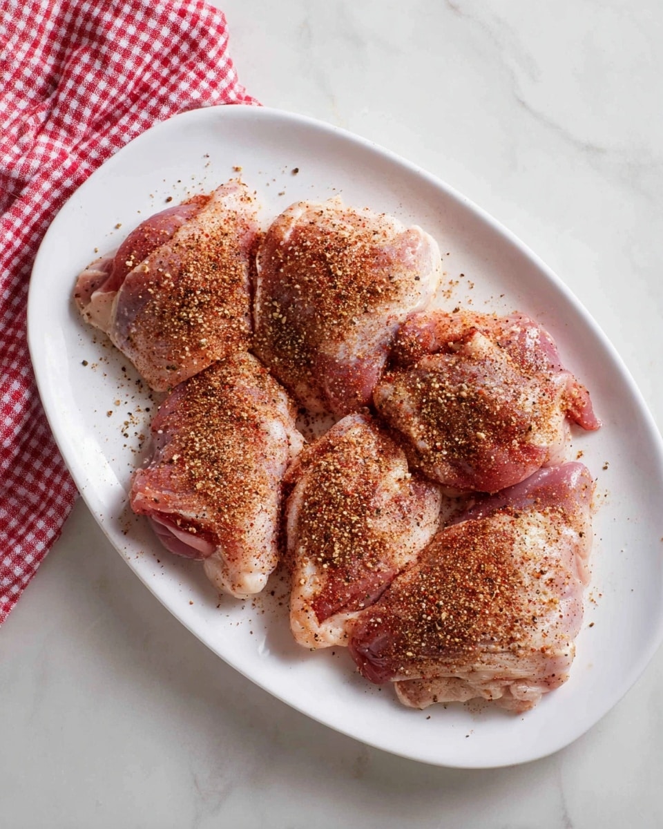 A white oval plate sits on a white marbled surface, holding six raw chicken pieces arranged in two rows of three. Each piece of chicken is pink with some white fat edges, and they are all sprinkled evenly with a reddish-brown spice mix that includes black pepper and other fine powders. The spices cover most of the chicken pieces' surface, giving a textured look. A red and white checkered cloth is partly visible in the top left and bottom left corners of the image. photo taken with an iphone --ar 4:5 --v 7