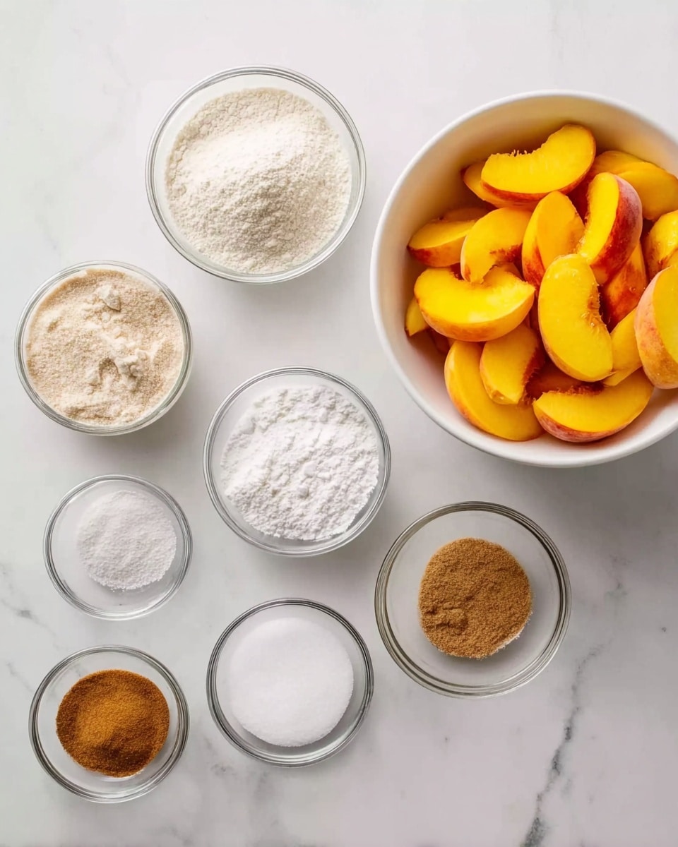 The image shows a top view of a white marbled surface with several small white bowls arranged neatly. On the top right, there is a large white bowl filled with bright yellow and orange peach slices. Surrounding this bowl, smaller bowls contain light brown sugar, white flour, white sugar, white baking soda, white baking powder, white salt, light brown cinnamon, and darker brown spice powders. The bowls are clear glass and each has a fine, powdery or granulated texture in different shades of white, brown, and beige. Photo taken with an iphone --ar 4:5 --v 7