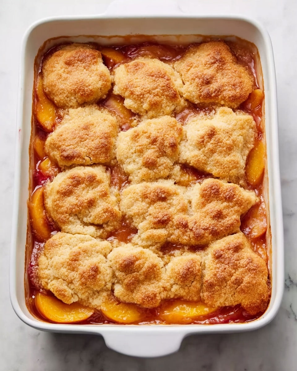 A white rectangular baking dish filled with a peach cobbler. The bottom layer is soft, orange and red cooked peach slices with syrup oozing around the edges. On top, there are uneven, golden brown biscuit-like dough pieces covering the peaches. The dough has a slightly crunchy texture with some darker browned spots. The dish is placed on a white marbled surface. photo taken with an iphone --ar 4:5 --v 7