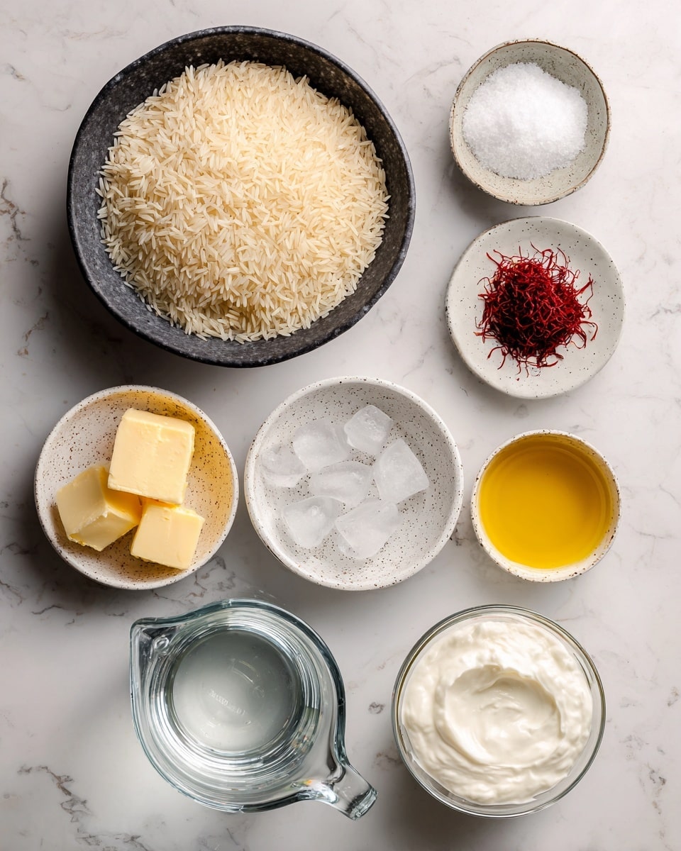 A top-down view of various ingredients placed on a white marbled texture surface: a large black bowl filled with light beige basmati rice grains in the top left; a small white bowl of white salt on the upper right; nearby, another small white bowl contains deep red saffron threads; a small white speckled bowl holds three clear ice cubes; below, a small white speckled bowl with sliced yellow butter; a clear glass measuring jug filled with clear water sits left center; to the right, a small white speckled bowl with creamy white yogurt and next to it, a small white speckled bowl with golden yellow oil. All are spaced evenly and shown clearly. Photo taken with an iphone --ar 4:5 --v 7