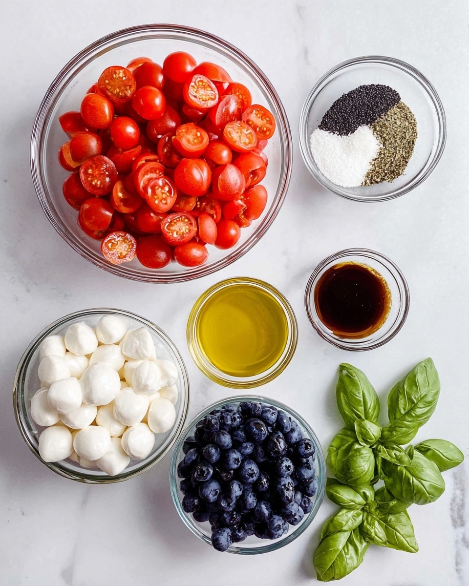 The image shows six clear glass bowls and a small bunch of green basil leaves placed on a white marbled surface. The largest bowl in the top left is filled with bright red cherry tomatoes, all sliced in half to reveal their juicy centers. To the right of it, two smaller bowls hold one with a white and black mixture of salt and pepper, and below it, a golden yellow liquid, likely olive oil. Below the tomatoes, there is a bowl filled with small, round, dark blue blueberries. To the left of the blueberries is a bowl with a dark brown liquid, possibly balsamic vinegar. At the bottom left, a bowl is filled with small white mozzarella balls. The green basil leaves sit at the bottom right, providing a fresh, leafy contrast to the fruit and cheese. photo taken with an iphone --ar 4:5 --v 7